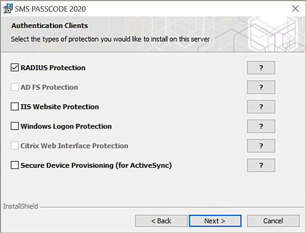 Authentication Clients dialog box in SMS PASSCODE